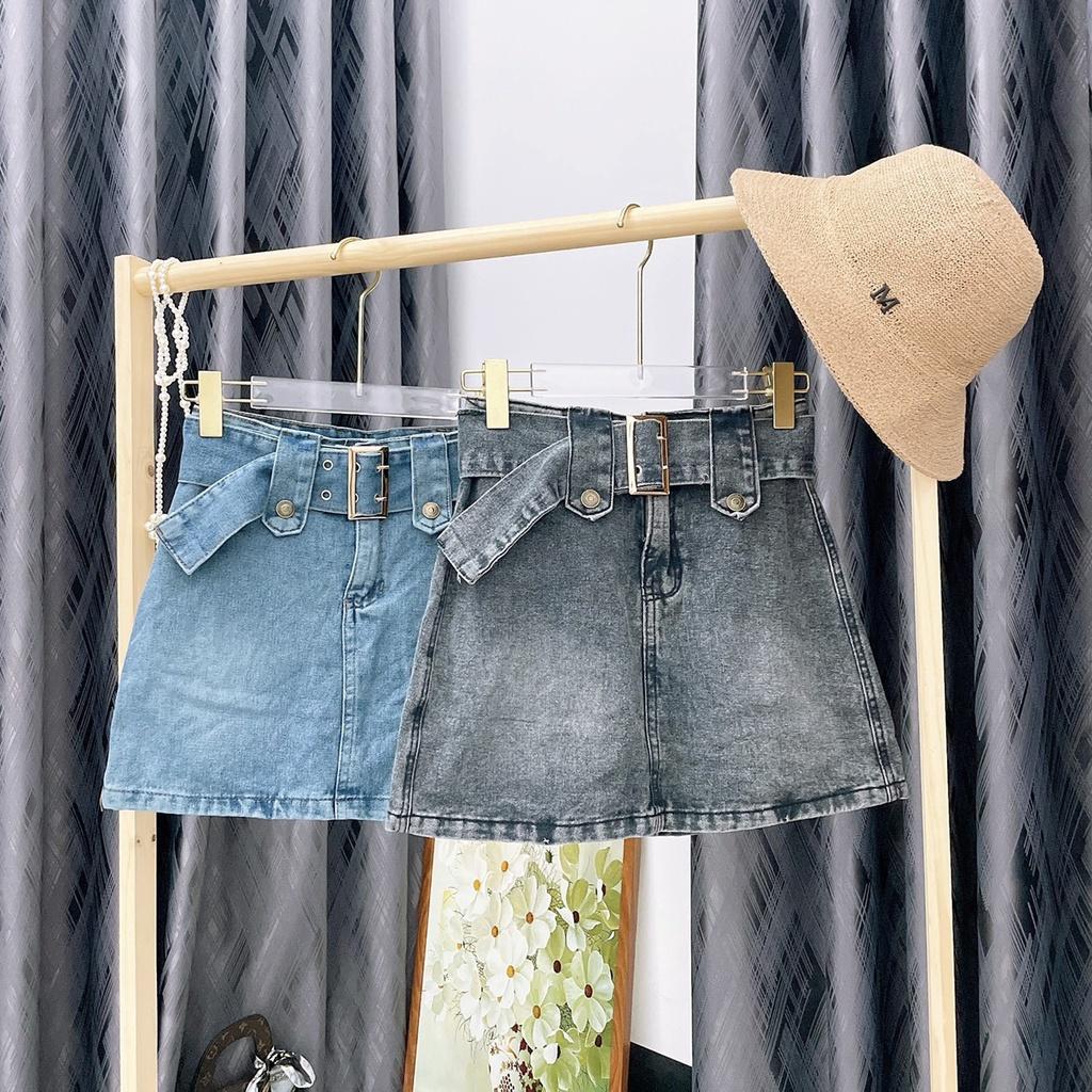Chân Váy Jeans Nữ Dây Đai Dáng Ngắn Cạp Lưng Cao