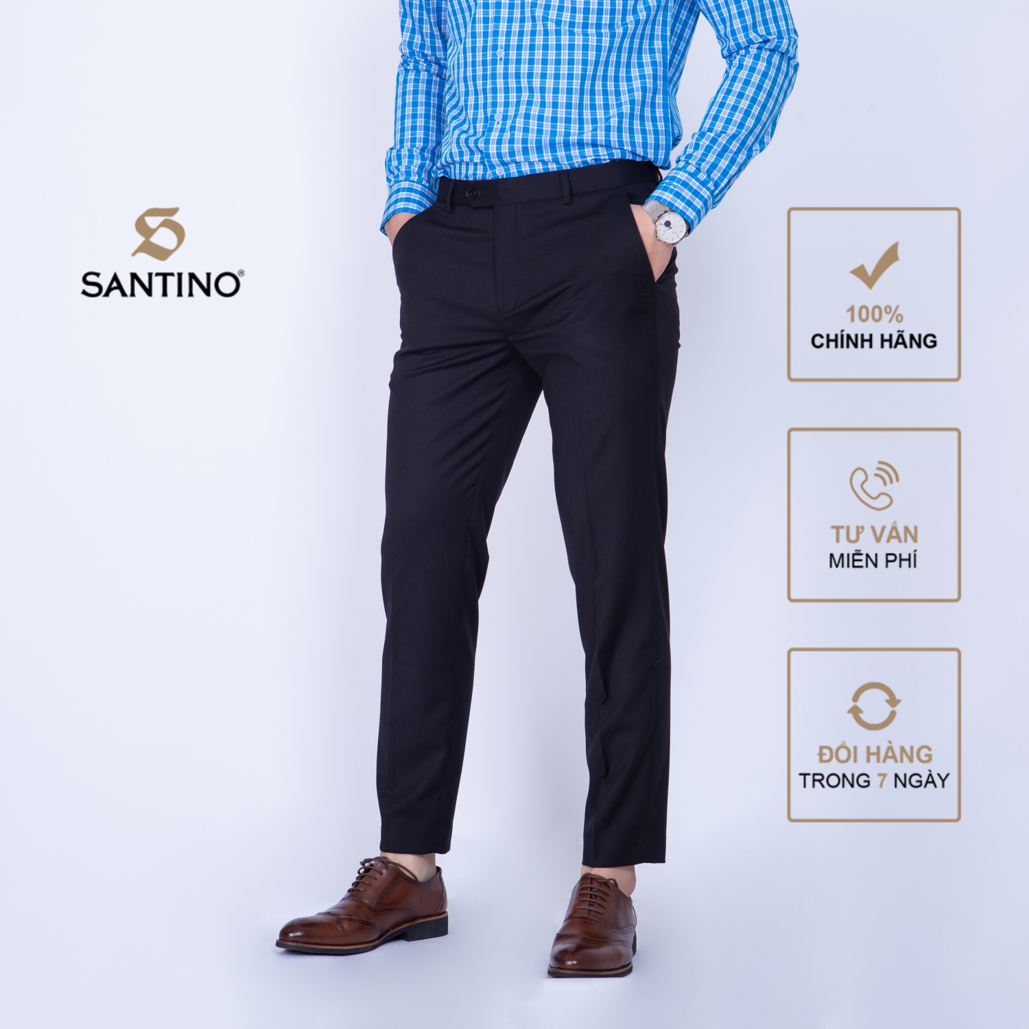 Quần âu nam dài trơn SANTINO, chất liệu Sợi tre dáng ôm slim fit công sở lịch lãm màu đen Q070