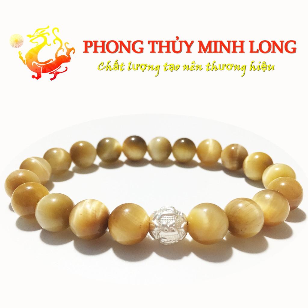Vòng tay đá Mắt Hổ Vàng Tâm chất lượng 5A mix 1 hạt kim tiền Bạc hợp mệnh Thổ và mệnh Kim