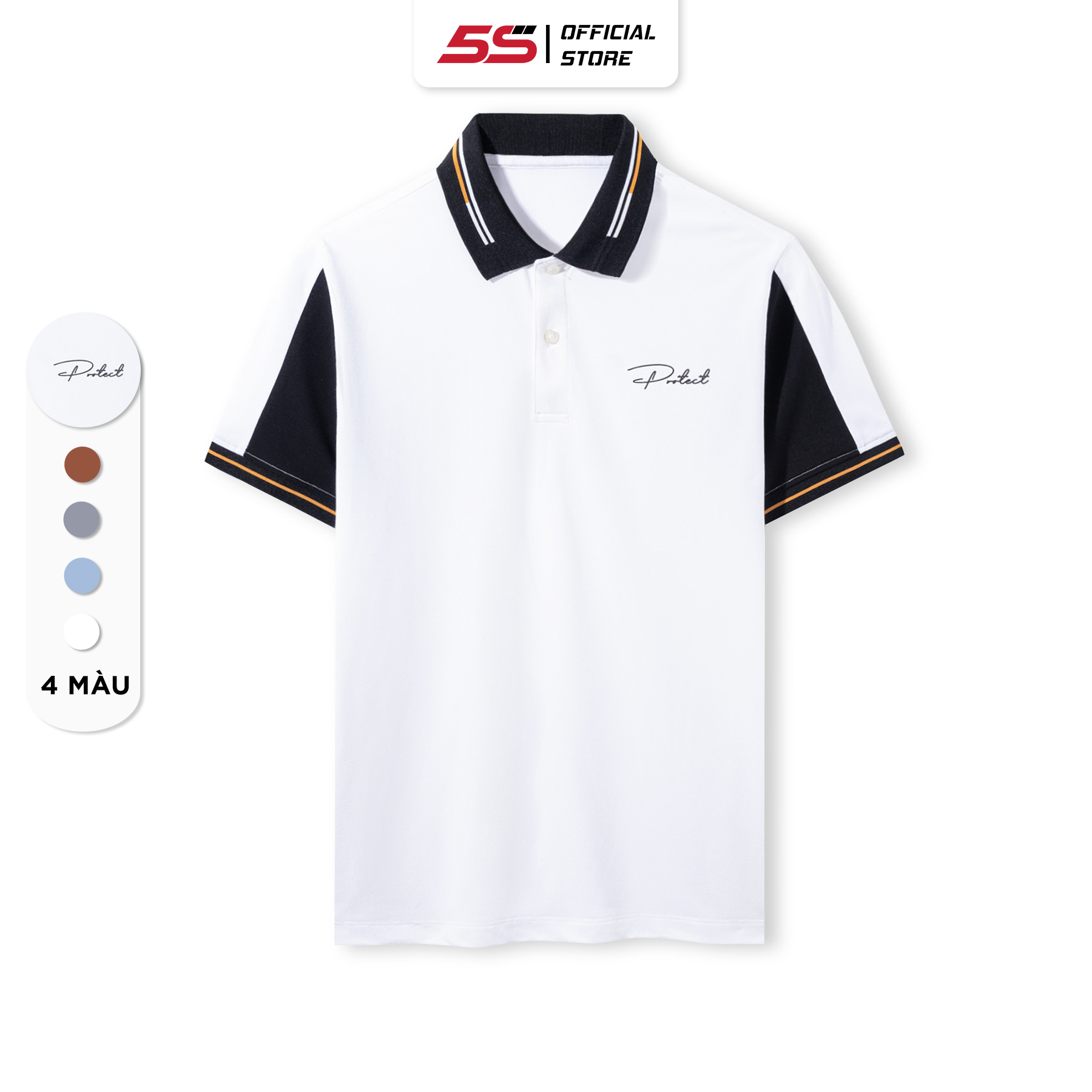 Áo Polo Nam 5S PROTECT Premium, Mềm Mịn, Thấm Hút, Thiết Kế Phối Màu Tay Áo, In Chữ Trẻ Trung, Lịch Lãm