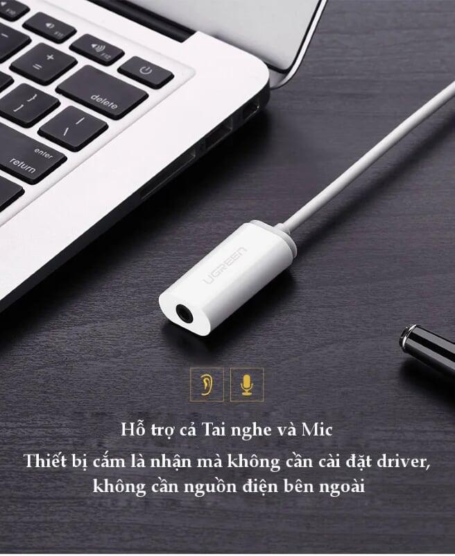 Ugreen UG30712US206TK 15CM màu Trắng Bộ chuyển USB 2.0 sang âm thanh 3.5mm - HÀNG CHÍNH HÃNG