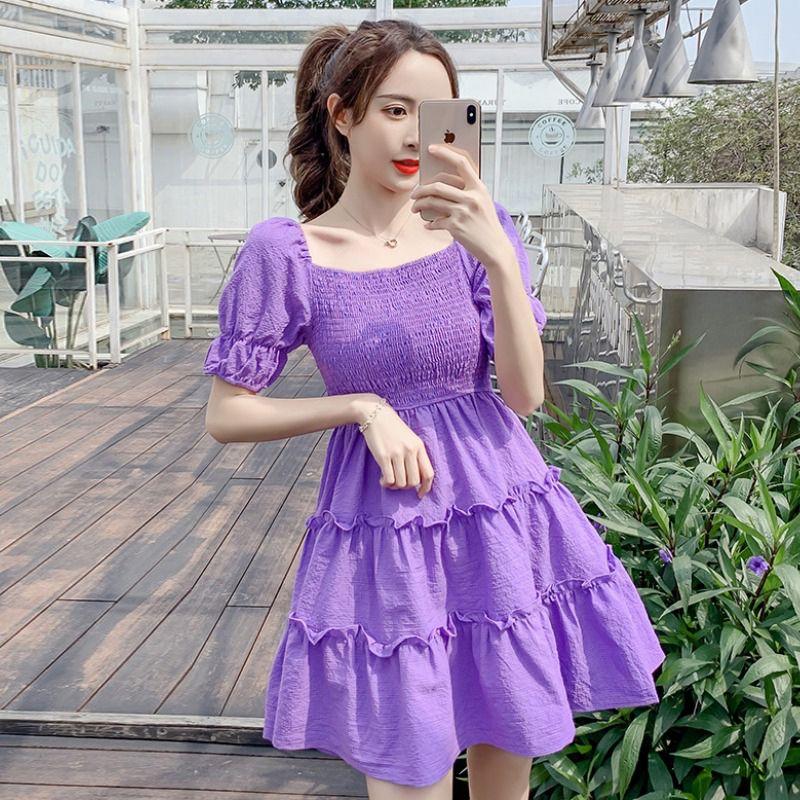 DIYIWEI Phụ nữ mùa hè 2023 Square Neck Pleated Bubble Sleeve Thu hẹp eo Khoai tây tím Vintage Pháp Orange Terrier Dress