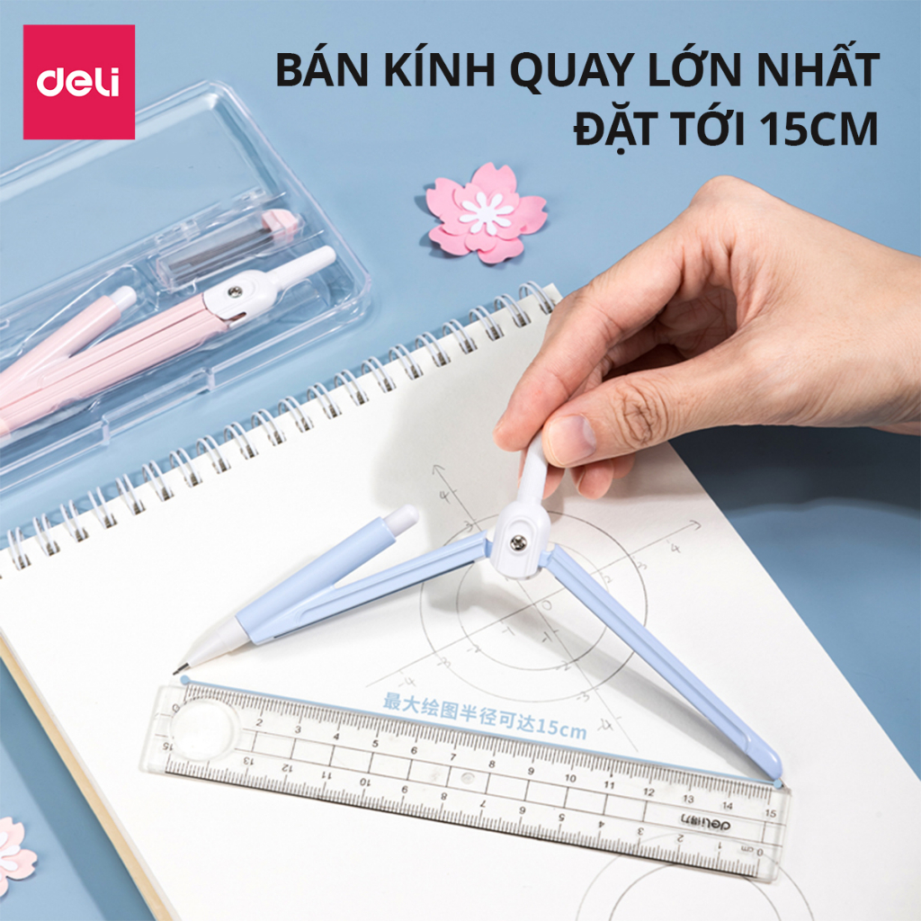 Bộ Compa Bấm Chì 2B Học Sinh Màu Pastel Xinh Xắn Deli - Kèm Lõi Chì Vẽ Tranh Hình Học Kỹ Thuật Mỹ Thuật Dụng Cụ Học Tập