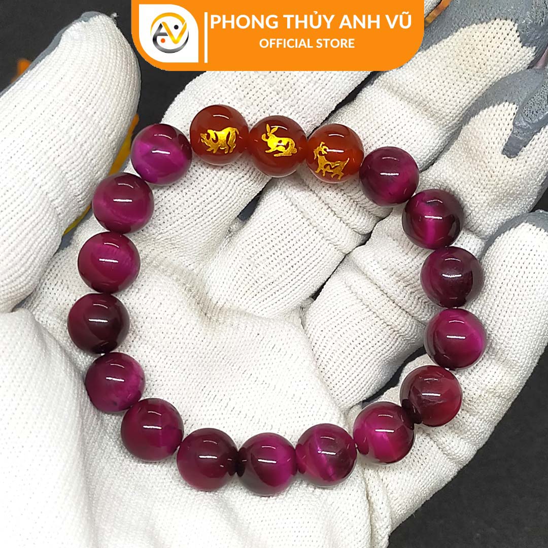 Vòng tay phong thủy nữ tam hợp hợi mão mùi - chất liệu đá mắt hổ hồng tự nhiên - size 8 10ly - may mắn tài lộc - Vòng Tam Hợp Anh Vũ