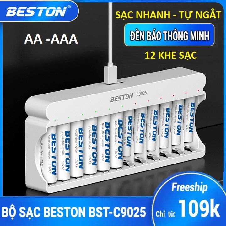 Bộ Sạc pin 12 khe AA AAA Beston C9025 sạc nhanh, tự ngắt khi đầy, đèn LED báo thông minh, dùng cho micro ,remote,đồ chơi