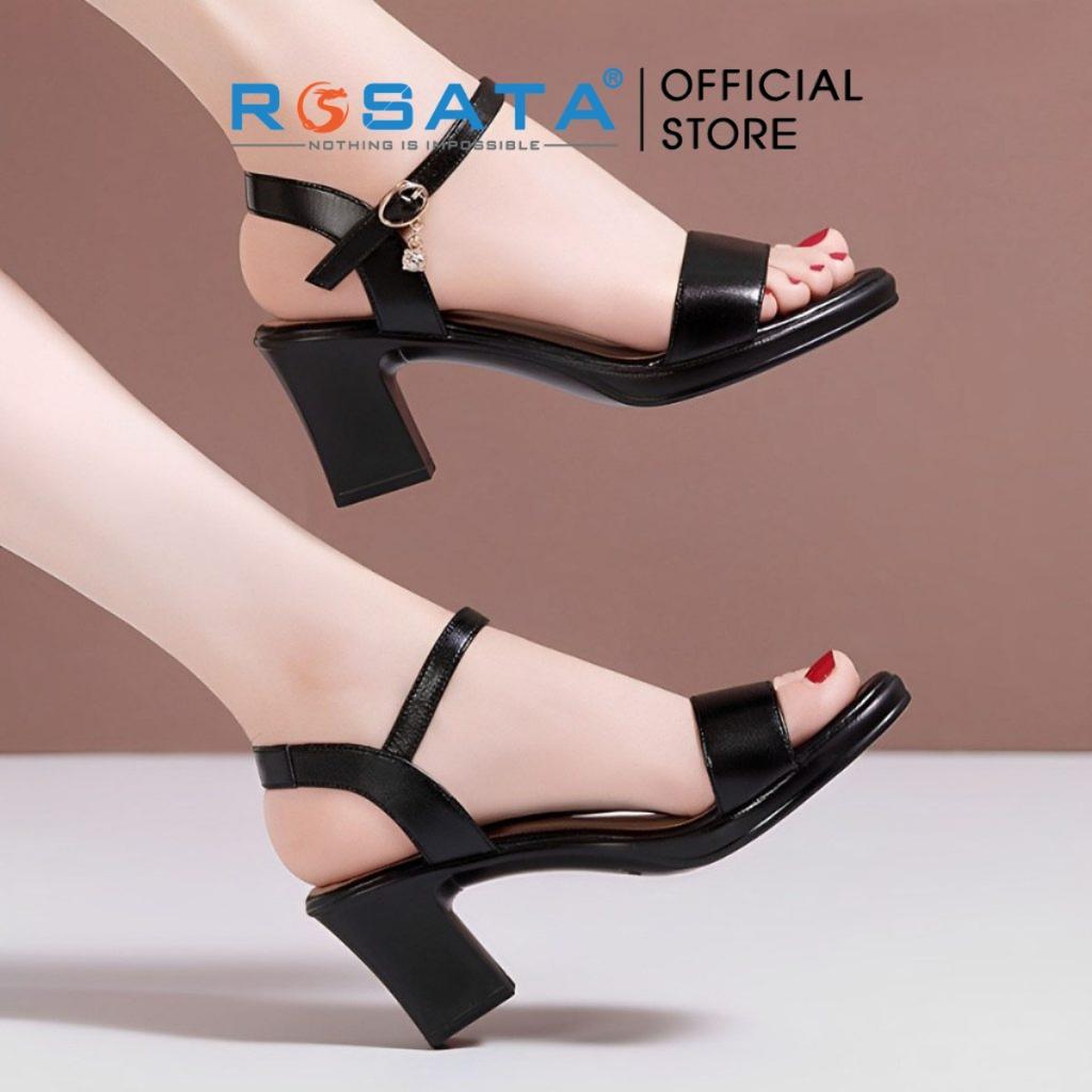 Giày sandal nữ ROSATA RO576 đế vuông cao gót 5 phân mũi tròn quai hậu cài khóa dây mảnh màu đen xuất xứ Việt Nam - ĐEN