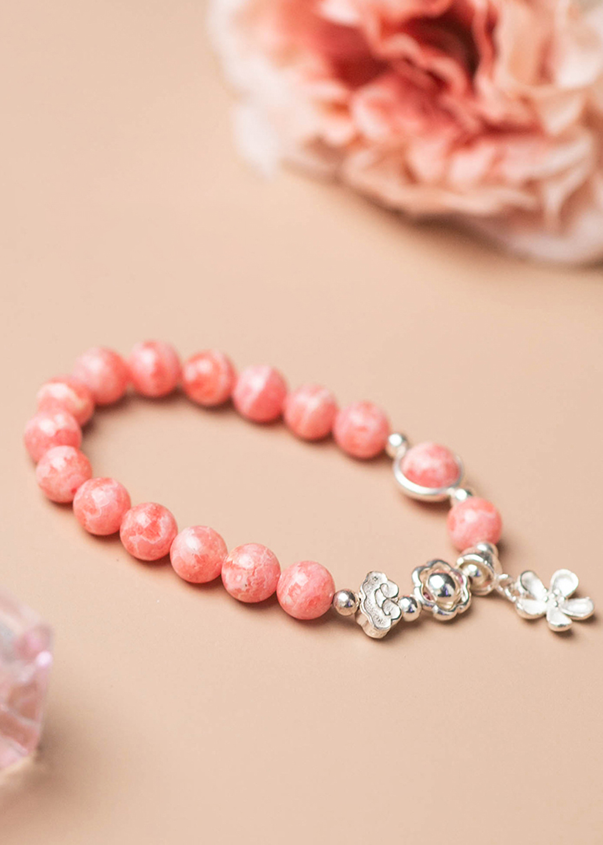 Vòng tay đá Rhodochrosite phối charm hoa mệnh hỏa, thổ - Ngọc Quý Gemstones