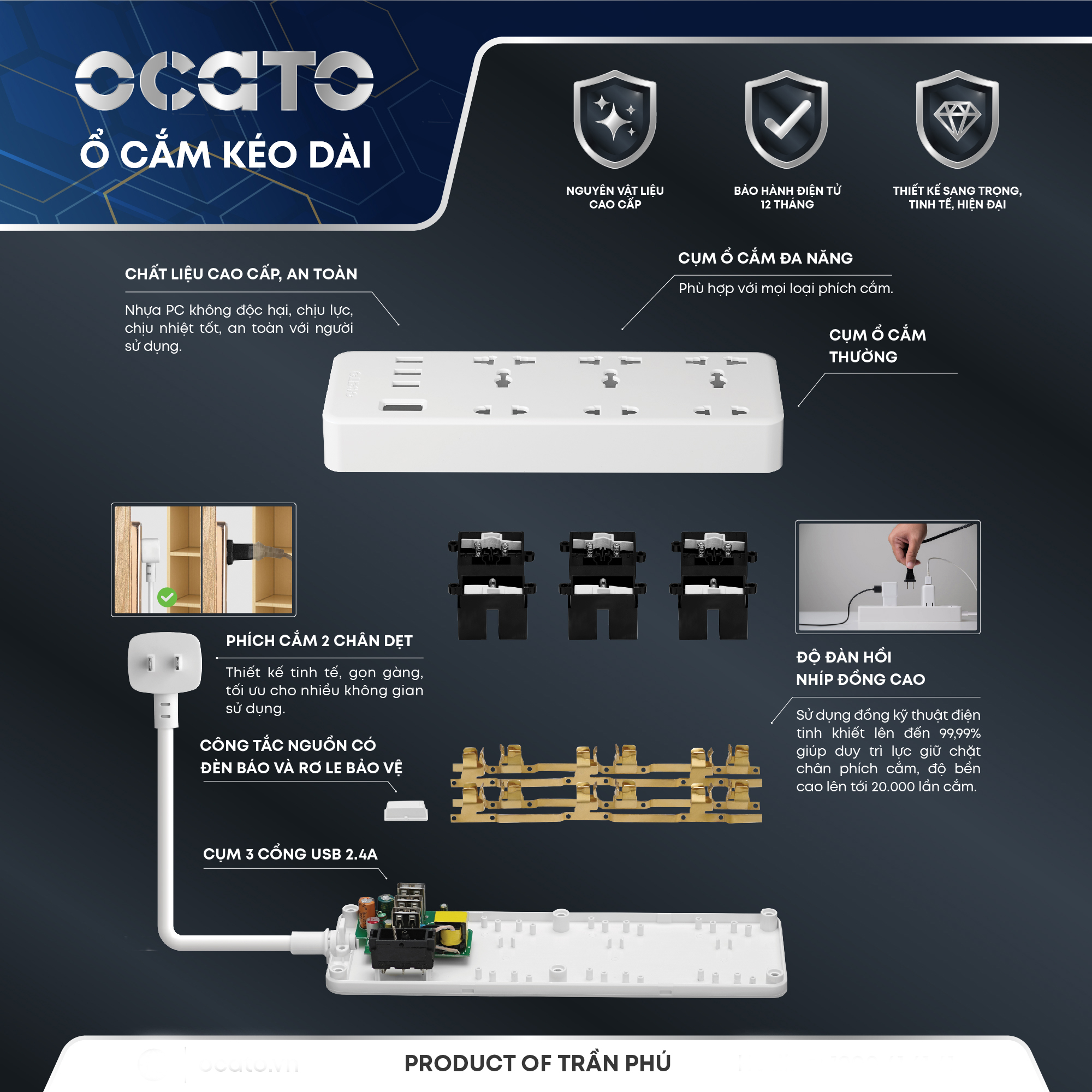 Ổ cắm điện kéo dài OCATO Trần Phú OCATO A63-3D3T3U (6 ổ cắm + 3 cổng sạc USB)