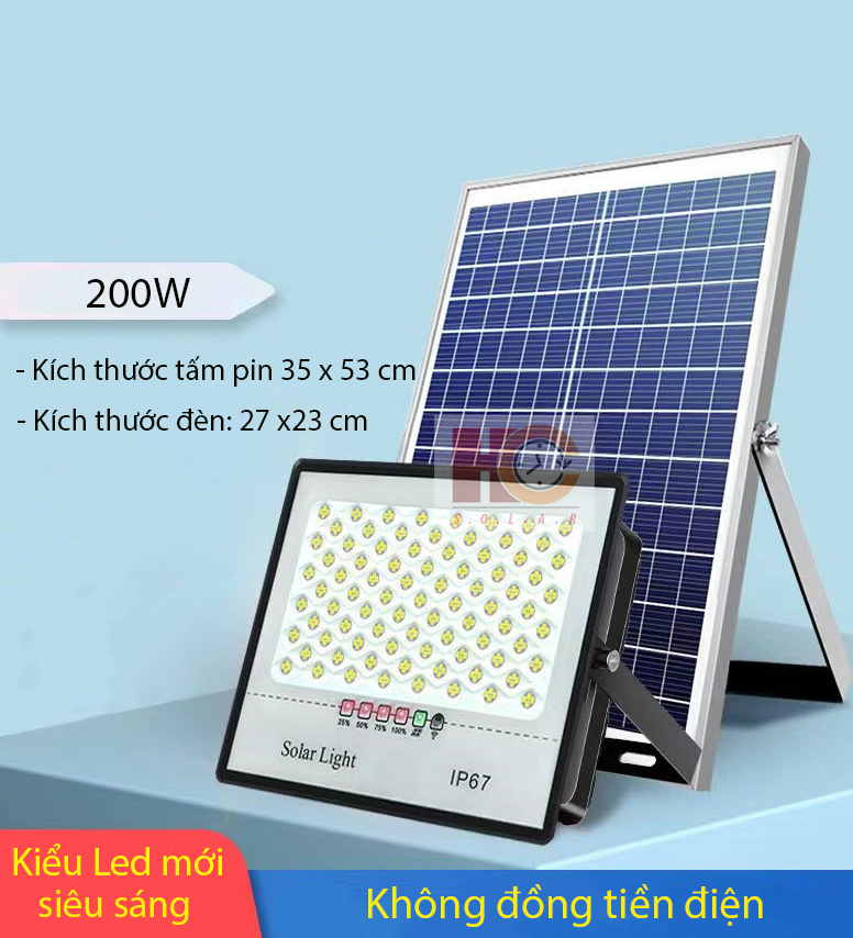 Đèn năng lượng mặt trời 200W, Chống chói mắt, Đèn Led NLMT, Vỏ nhôm, Tấm pin rời, Ánh sáng trắng, Báo pin ngoài, Kiểu Led mới