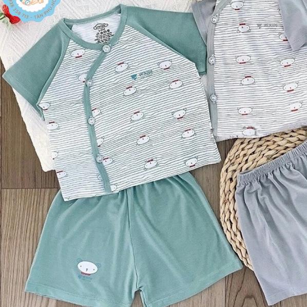 [3-9kg] Bộ Quần Áo Ngắn Tay Chất Thun Lạnh Mềm Mát Kẻ Sọc Phối Màu Cho Bé - Hồng