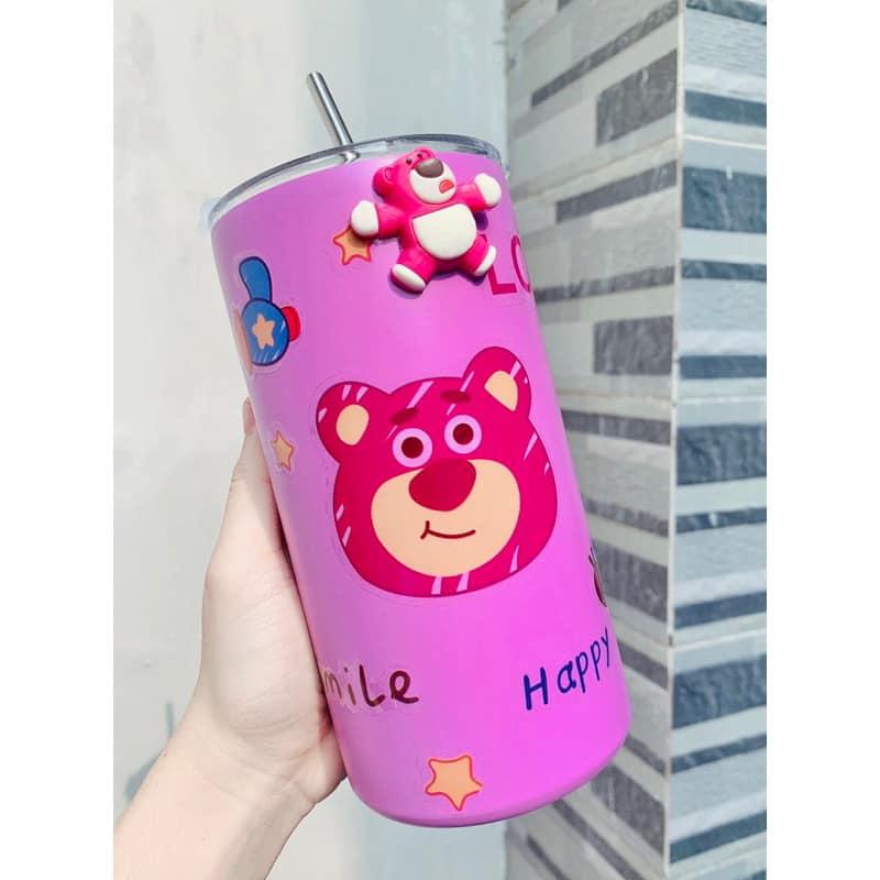 Ly Giữ Nhiệt Hoạt Hình Thiết Kế Xinh Xắn Hình Trụ 600 Ml, Cốc Inox Lõi Tráng Bạc Giữ Nhiệt Lâu An Toàn Kèm Ống Hút