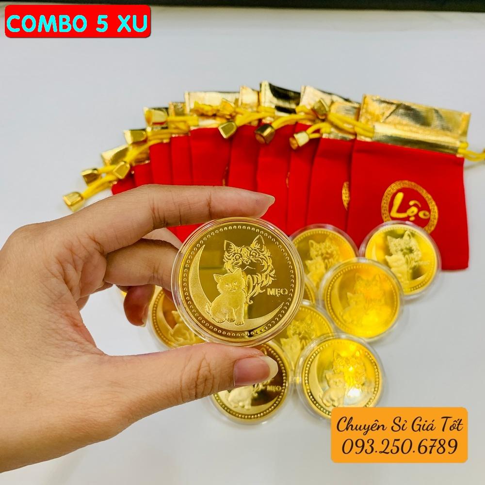 Sét 10 Đồng Xu Hình Mèo Vàng bằng kim loại, tặng kèm túi nhung đỏ LỘC - PASA COLLECTION