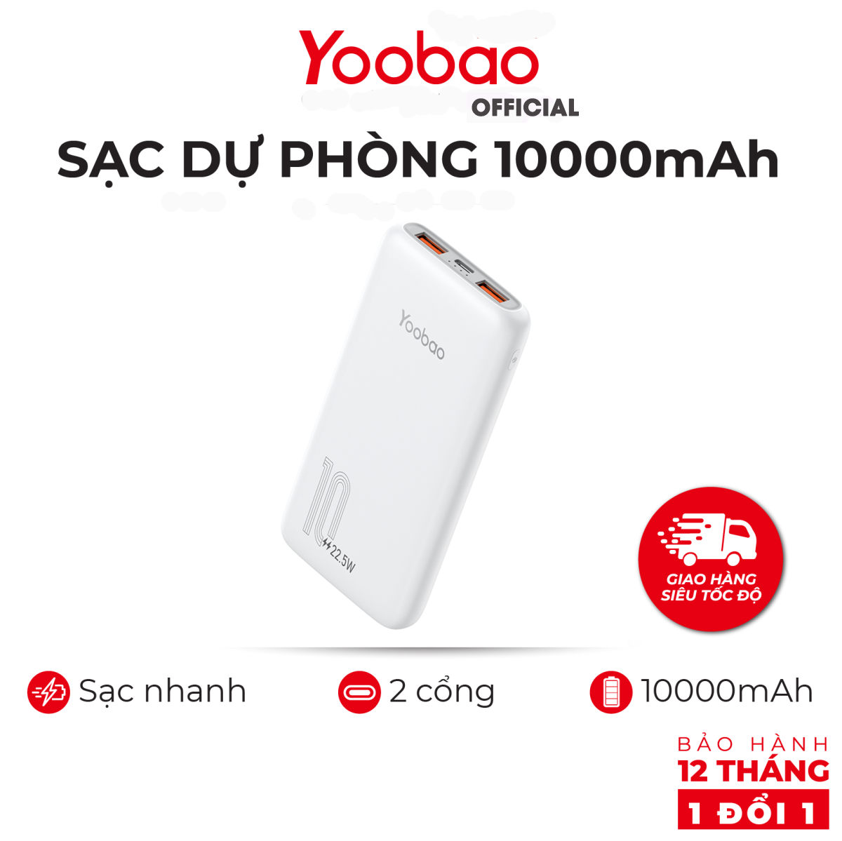 [HÀNG CHÍNH HÃNG] Sạc dự phòng 10000mAh D10Q Yoobao PD 20 -22,5W- Dùng cho Iphone 11,12, Huawei,... - Thiết kế hiện đại - Màu trắng