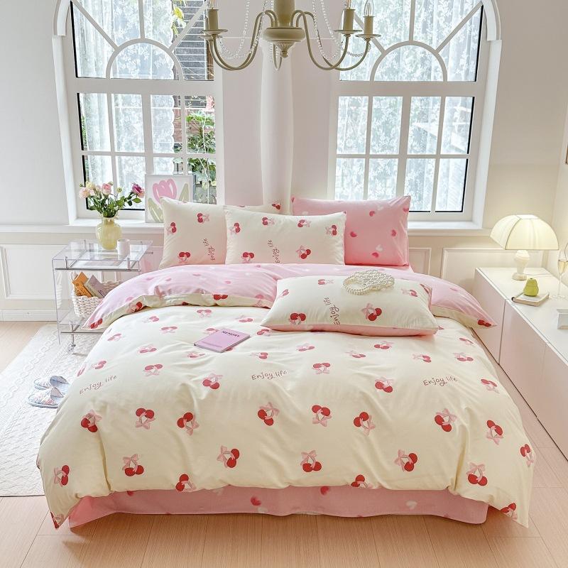 Phong cách mới nhất ins phong cách 100 cotton nguyên chất giường bốn mảnh bộ lưới hoa nhỏ màu đỏ nhỏ tươi phong cách mục vụ chăn ga trải giường ga trải giường được trang bị
