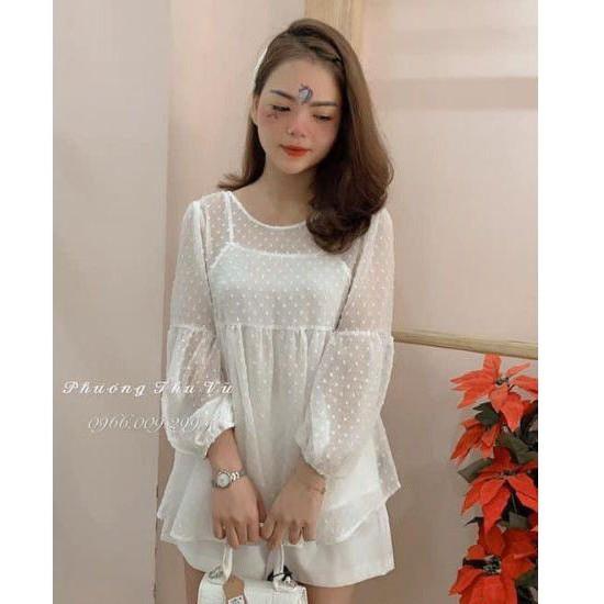 Áo Kiểu Babydoll Dài Tay, Kèm Áo 2 Dây, chất Tơ Xinh Xắn