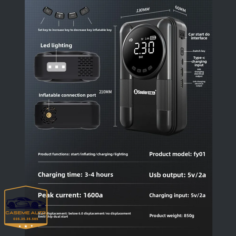 Bơm Lốp Kiêm Kích Bình Ô Tô, Xe Máy SOULOR CYD14 129000mAh Đa Năng – Sạc Dự Phòng, Đèn Pin, Bơm Siêu Tốc - Hàng chính hãng