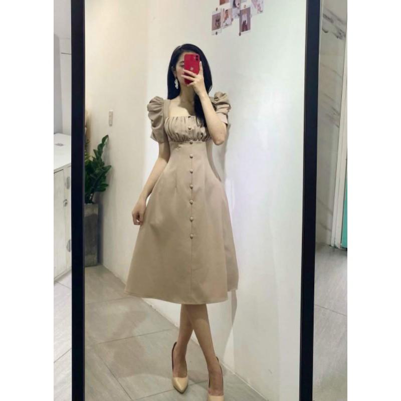 Đầm váy nữ nude xếp li ngực nút bọc TKN