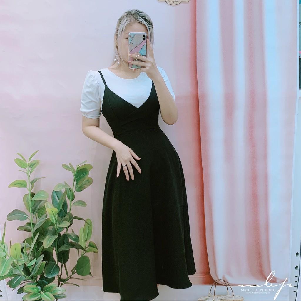 Đầm midi yếm quai mảnh vạt chéo