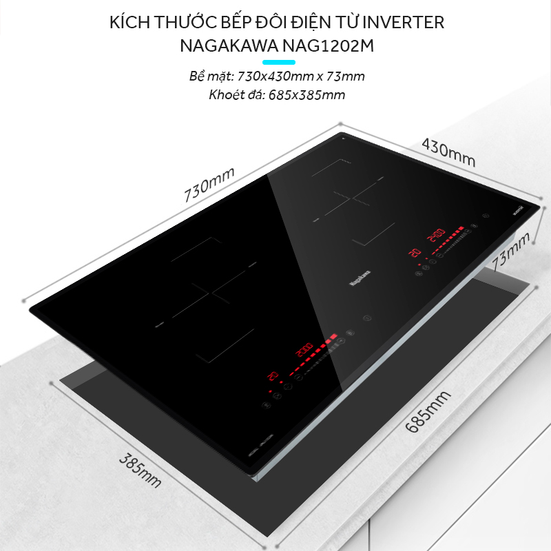 Miễn phí giao lắp toàn quốc - Bếp Âm Từ Đôi Premium Nagakawa NAG1202M (73 cm) - Made in Malaysia - Bảo hành 5 năm - Hàng Chính Hãng