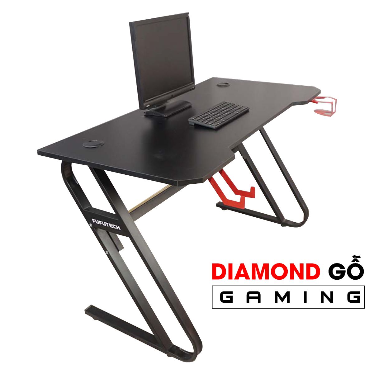 Bàn máy tính Diamond Fufutech tích hợp lỗ sạc USB, có giáp đèn LED 7 màu tuỳ chỉnh, phong cách Gaming kích thước 1m2, 1m4  để PC, laptop, chơi game, livestream, làm việc mặt gỗ MDF chịu lực cao