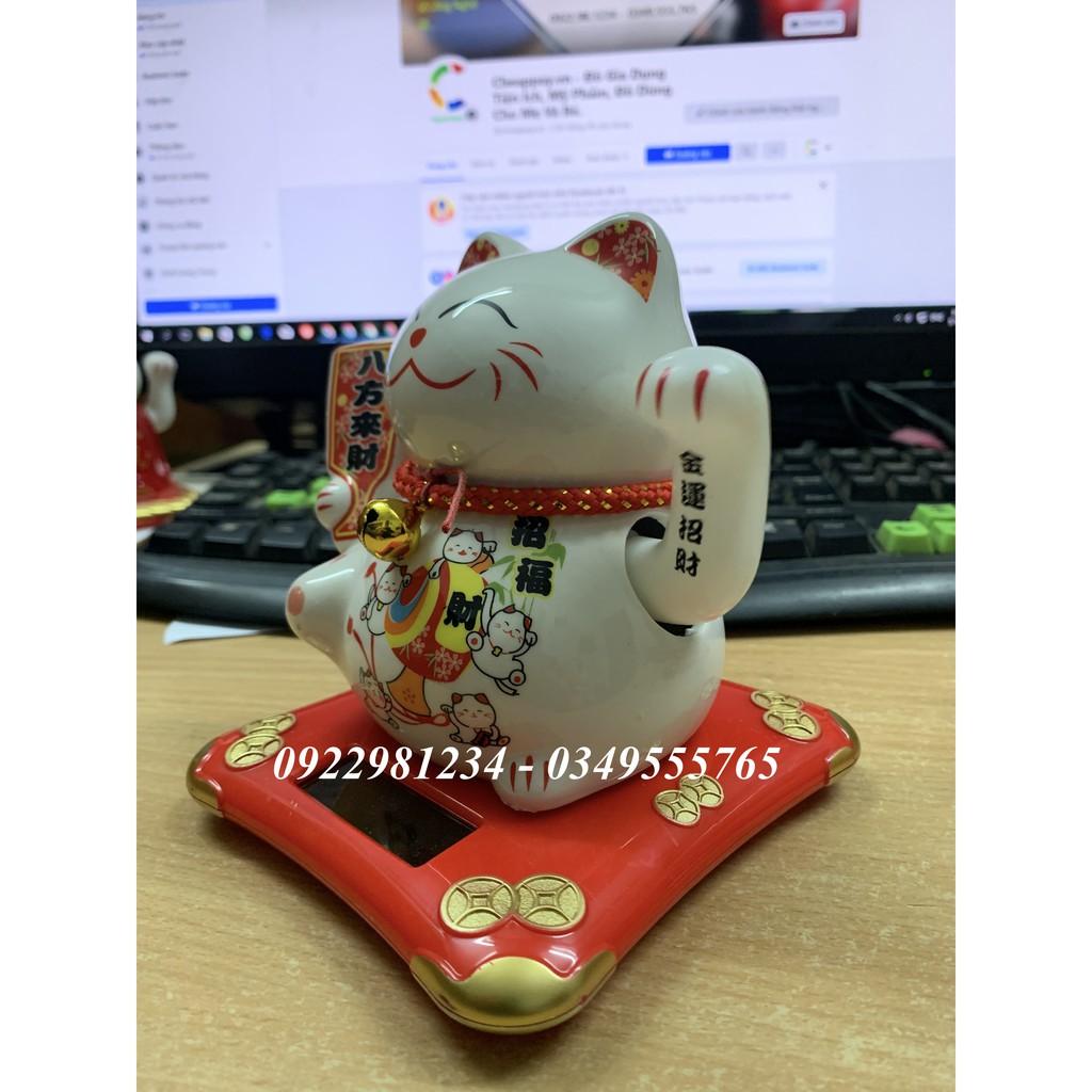 Mèo thần tài vẫy tay năng lượng mặt trời bằng sứ MT2 - size 13,9cm