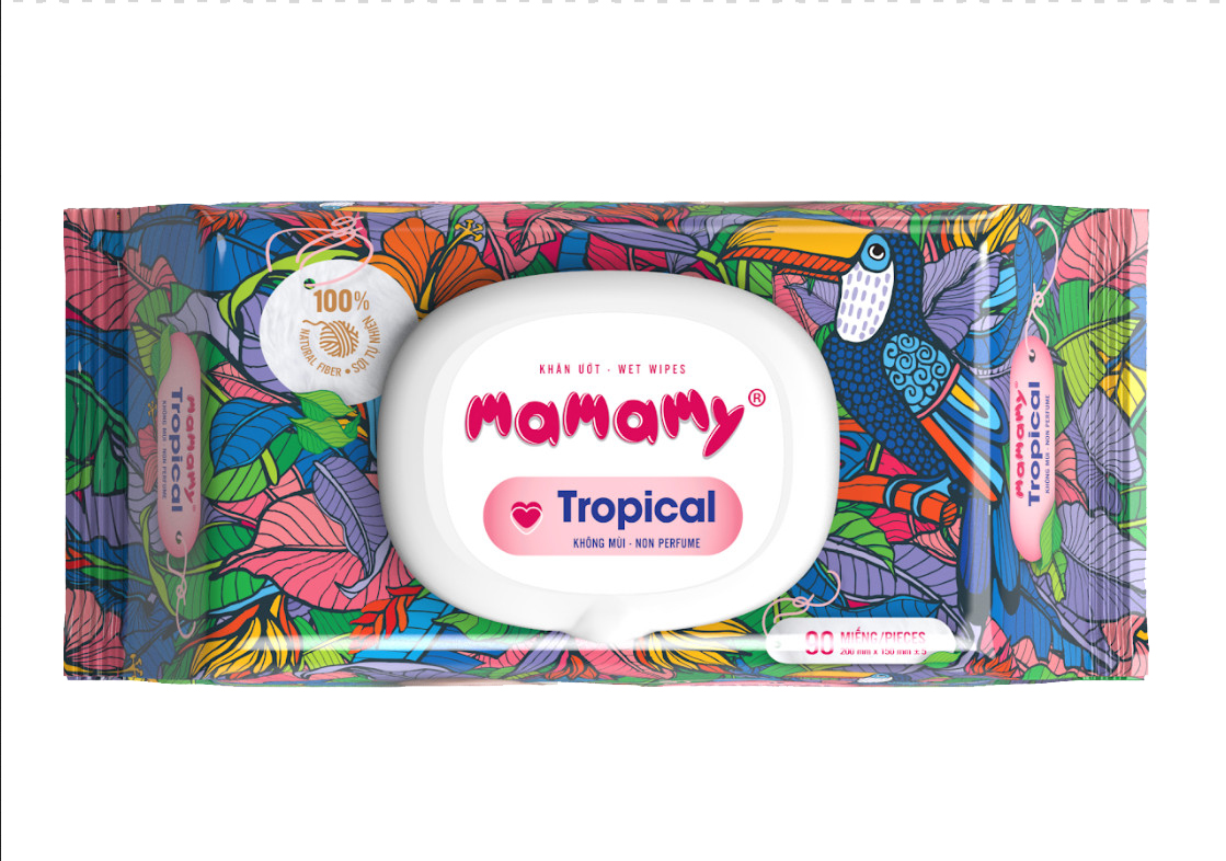 Combo 3 gói 90 tờ Khăn ướt Mamamy Tropical 100% sợi tự nhiên ngừa hăm, rôm sảy kháng khuẩn giữ ẩm cho bé