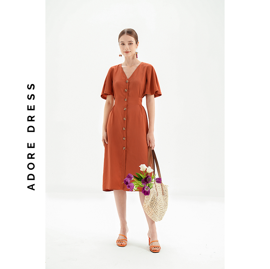 Đầm midi Dresses thô mềm cam cháy hàng khuy sừng 311DR2048 ADORE DRESS