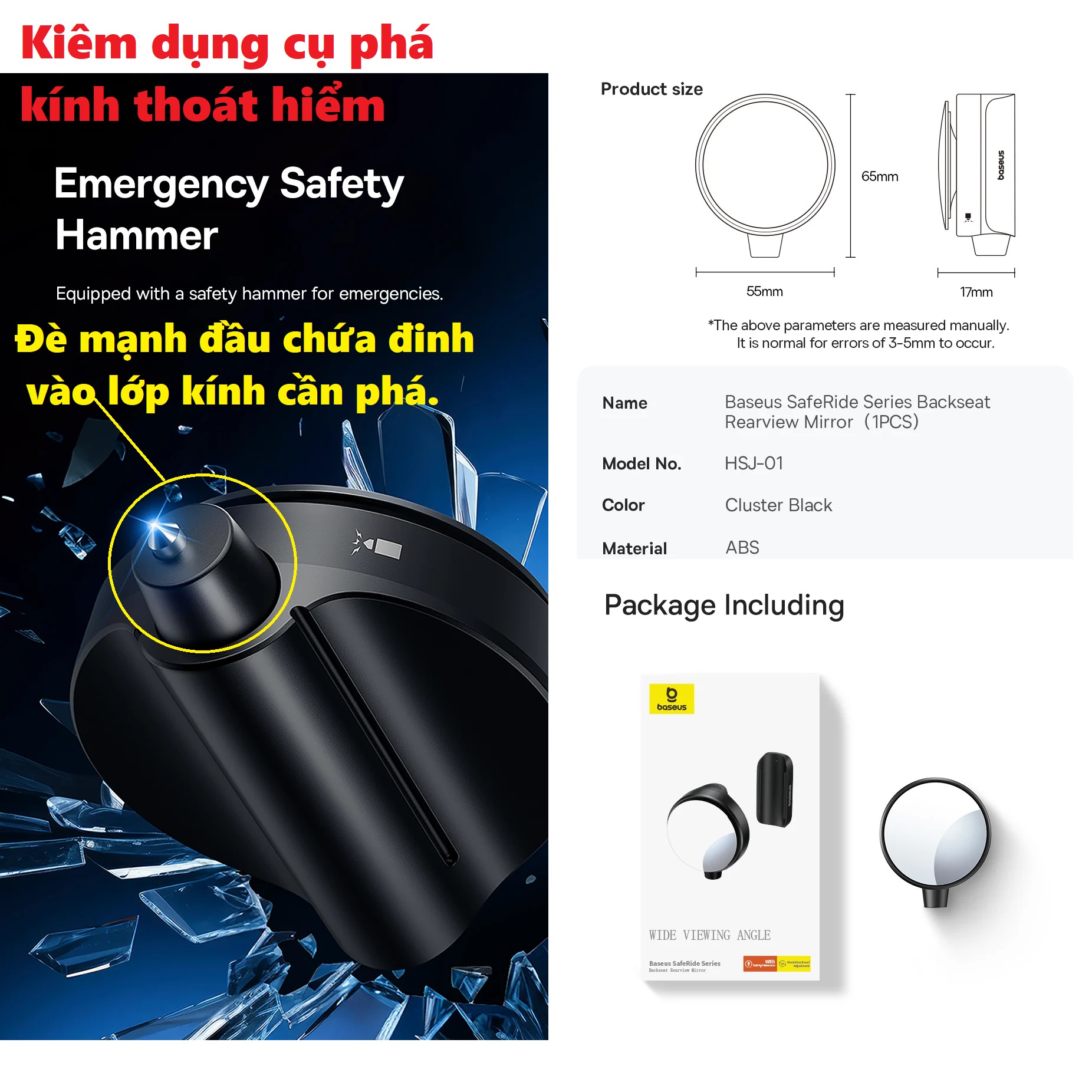 Gương chiếu hậu tăng cường kiêm dụng cụ phá kính thoát hiểm Baseus Backseat rearview Mirror HSJ-01 _ Hàng chính hãng