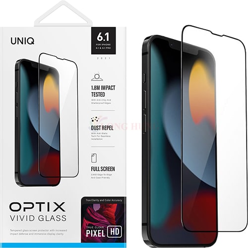 Dán màn hình cường lực Full viền chống bụi tĩnh điện Uniq Optix Vivid Glass iP 13 Series - Hàng chính hãng