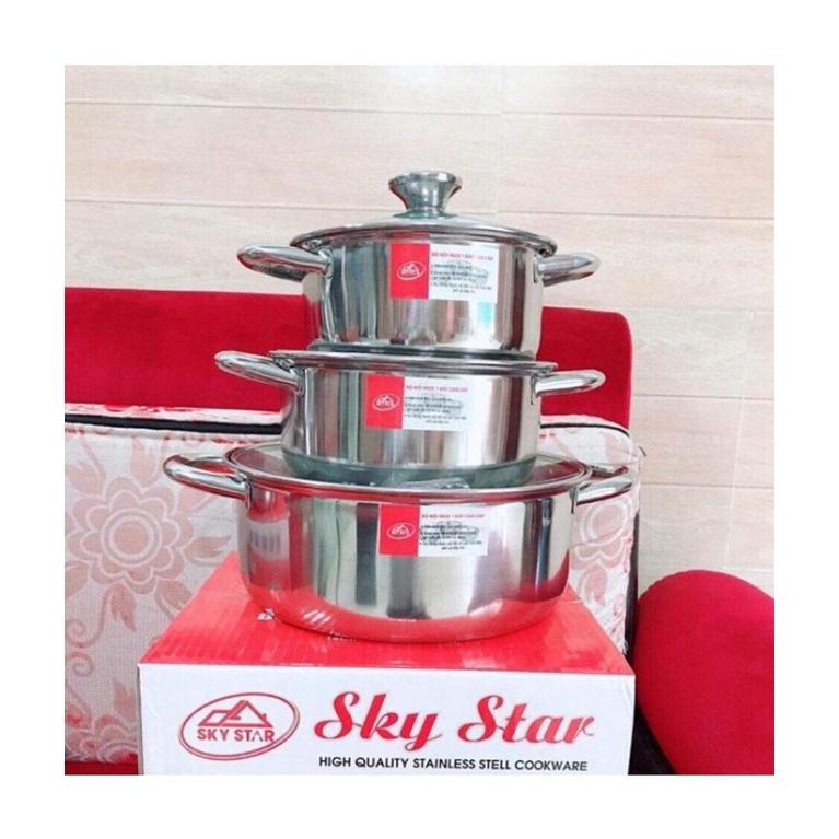 Bộ 3 Nồi Inox Sky Star Rất Dày 3 Size 16cm,18cm, 24cm Dùng Được Bếp Từ - Bộ Nồi Inox 1 Đáy Inox 430