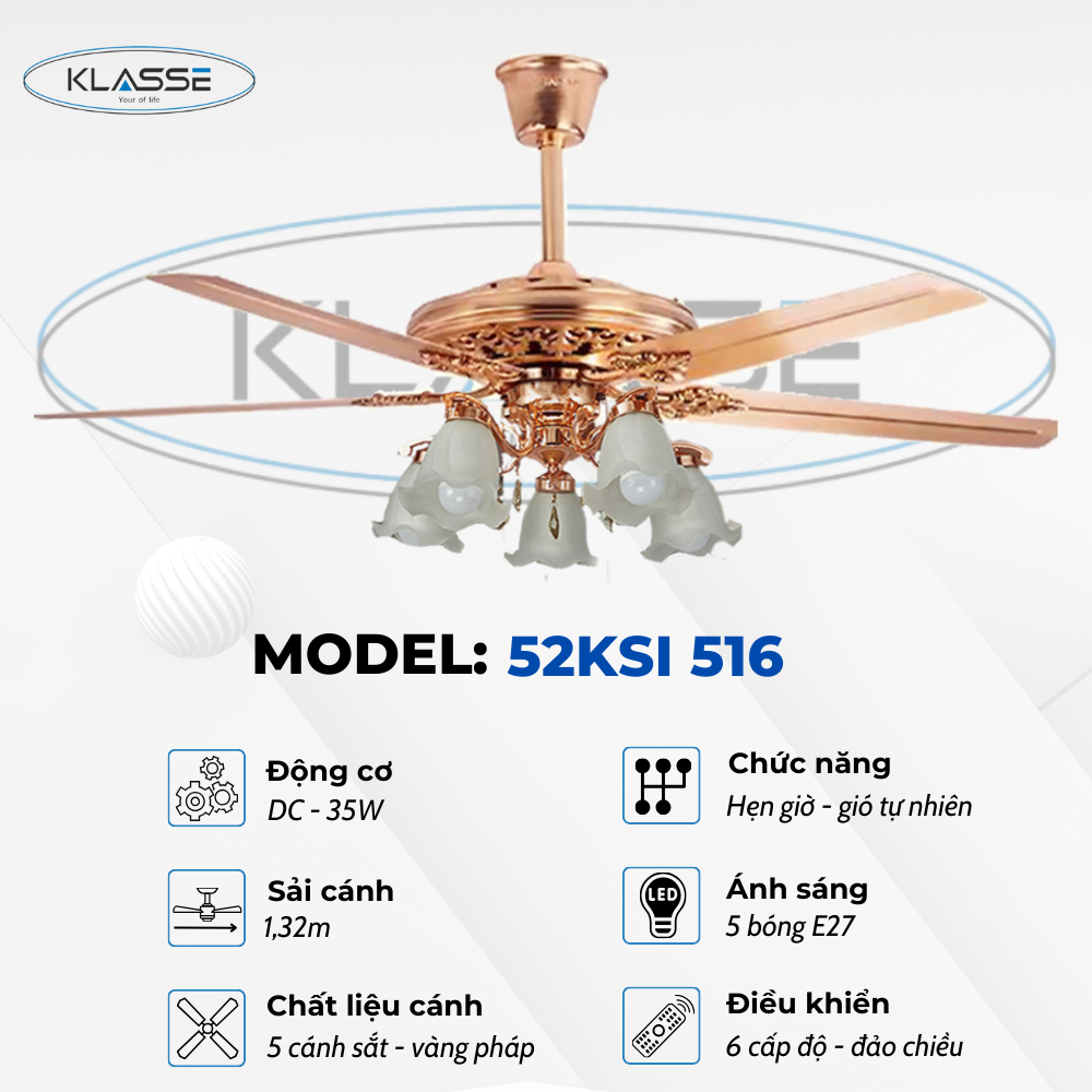 Quạt trần chùm đèn Klasse 52KSI 516 Hàng chính hãng