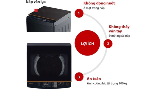 Máy giặt Toshiba 10 kg AW-M1100PV(MK) Nắp kính cường lực hỗ trợ đóng chậm, đảm bảo an toàn