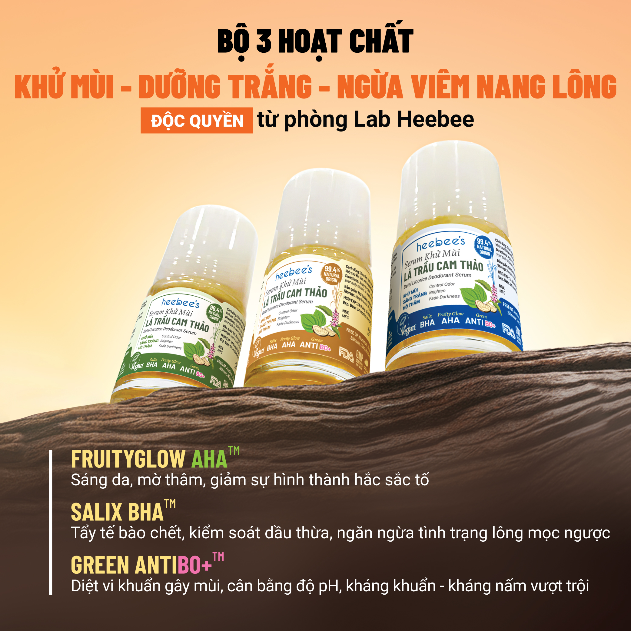 Serum Khử Mùi Thảo Dược Thuần Chay Lá Trầu Cam Thảo Heebee’s Lăn Khử Mùi, Dưỡng Sáng, Mờ Thâm, Ngăn Mùi 12H 30ml