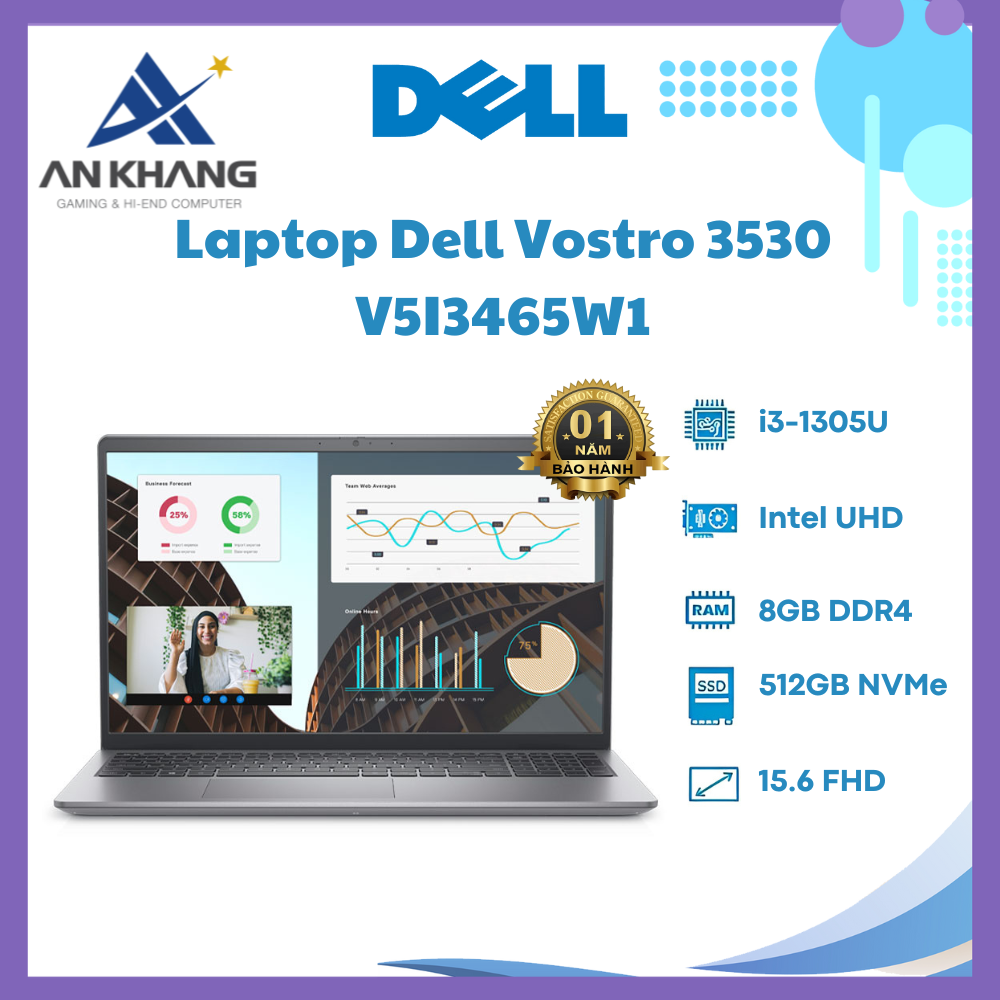 Laptop Dell Vostro 3530 V5I3465W1 (Core i3 1305U/ 8GB/ 512GB SSD/ Intel UHD Graphics/ 15.6inch Full HD/ Windows 11 Home + Office Student/ Grey/ Vỏ nhựa/ 1 Year) - Hàng Chính Hãng