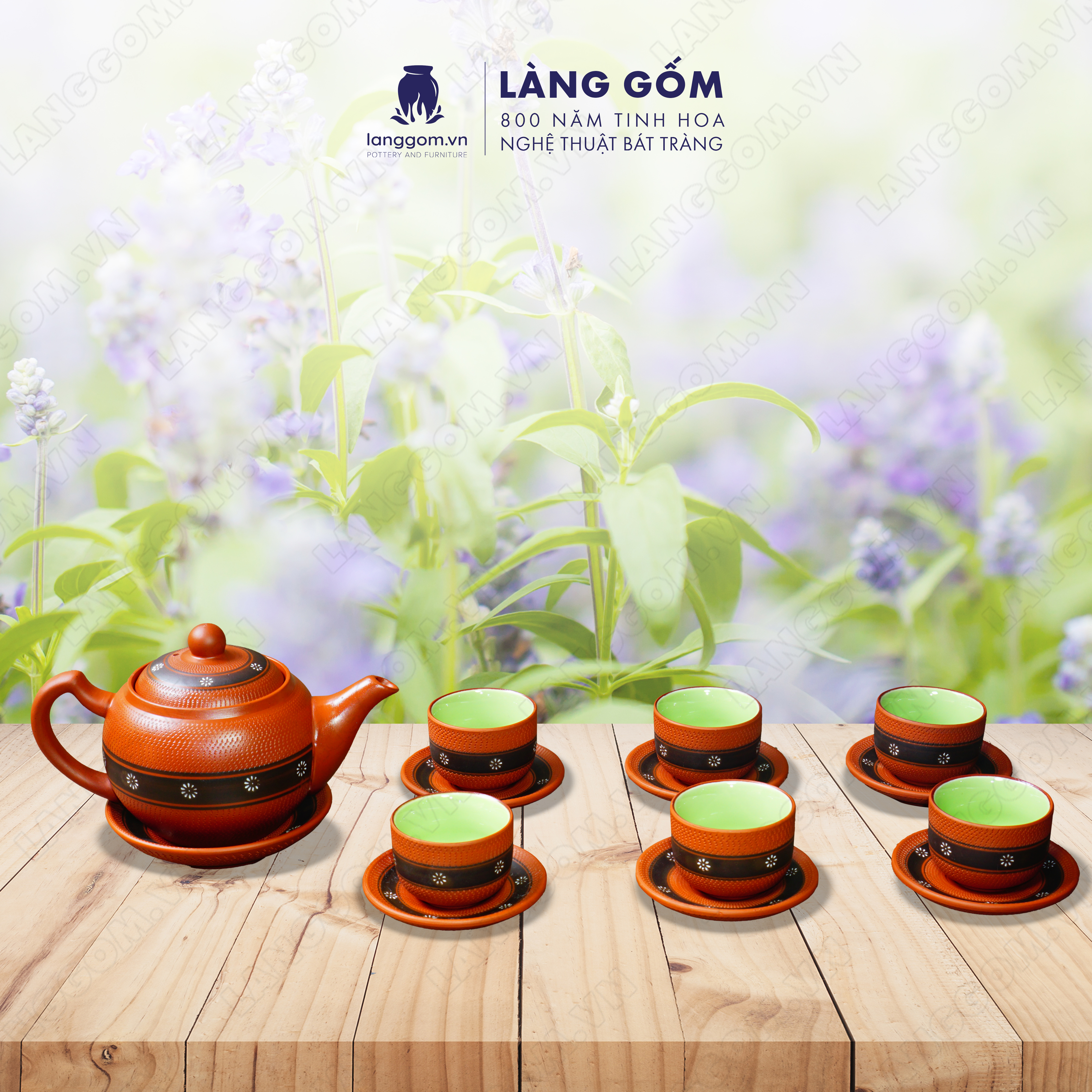 Chén uống trà đất nung Mộc Tử Sa màu đỏ kiểu họa tiết hoa ban, gốm sứ Bát Tràng cao cấp - LÀNG GỐM