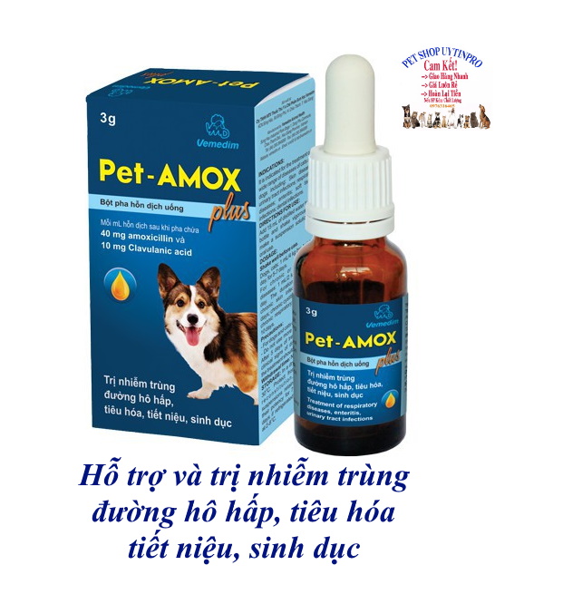 Bột hỗ trợ trị nhiễm trùng đường hô hấp, tiêu hóa, tiết niệu ở Chó Mèo Vemedim Pet - Amox Plus Chai 3g Sản xuất tại Việt Nam