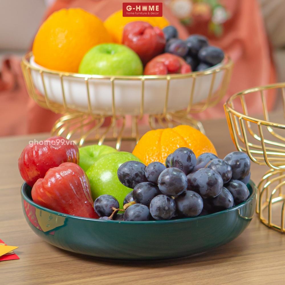 Đĩa sứ 1 tầng khung đồng Ghome 2022, đĩa sứ tròn cao cấp trạng trọng bày hoa quả, bánh kẹo ngày tết DIA2022 TRON1