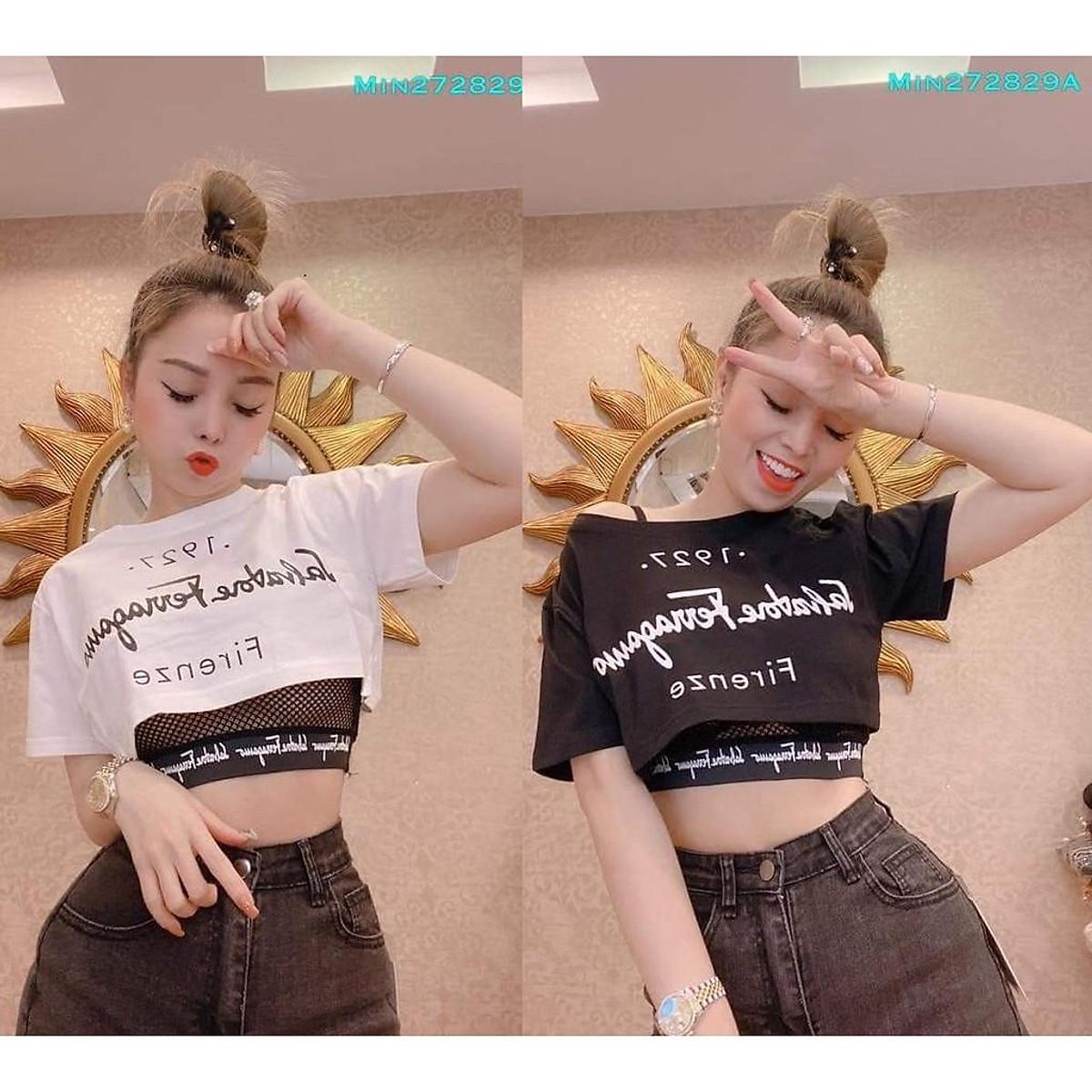 SET ÁO THUN CROPTOP KÈM BRA LƯỚI FORM RỘNG TAY LỠ - ÁO NHÓM CROP NGẮN TAY - Áo đen bra đen