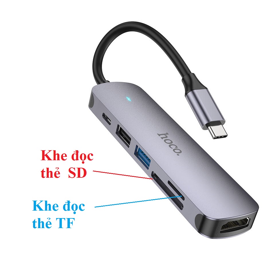 Hub C bộ chia cổng type C đa năng 6 in 1 cho laptop máy tính bảng điện thoại hoco HB28 _ hàng chính hãng