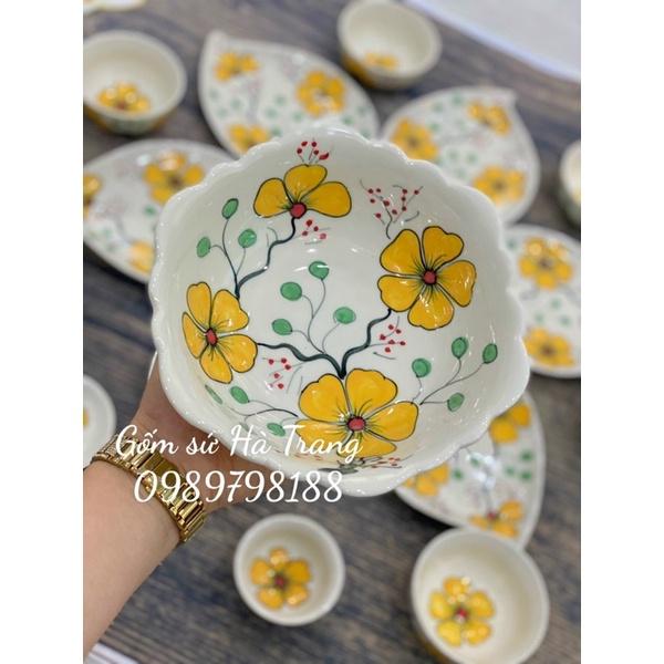 Bộ bát đĩa gốm sứ Bát Tràng cao cấp không chì hoa 6 cánh vẽ hoa vàng