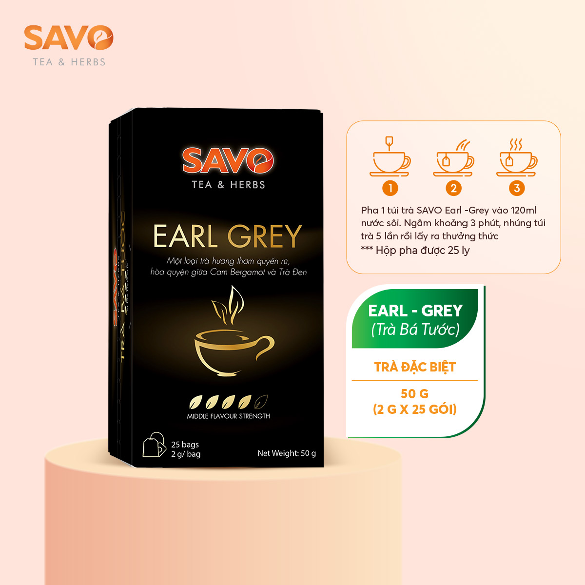 Trà Earl-Grey Trà Bá Tước SAVO Tea (Earl Grey Tea) - Hộp 25 Gói x 2g