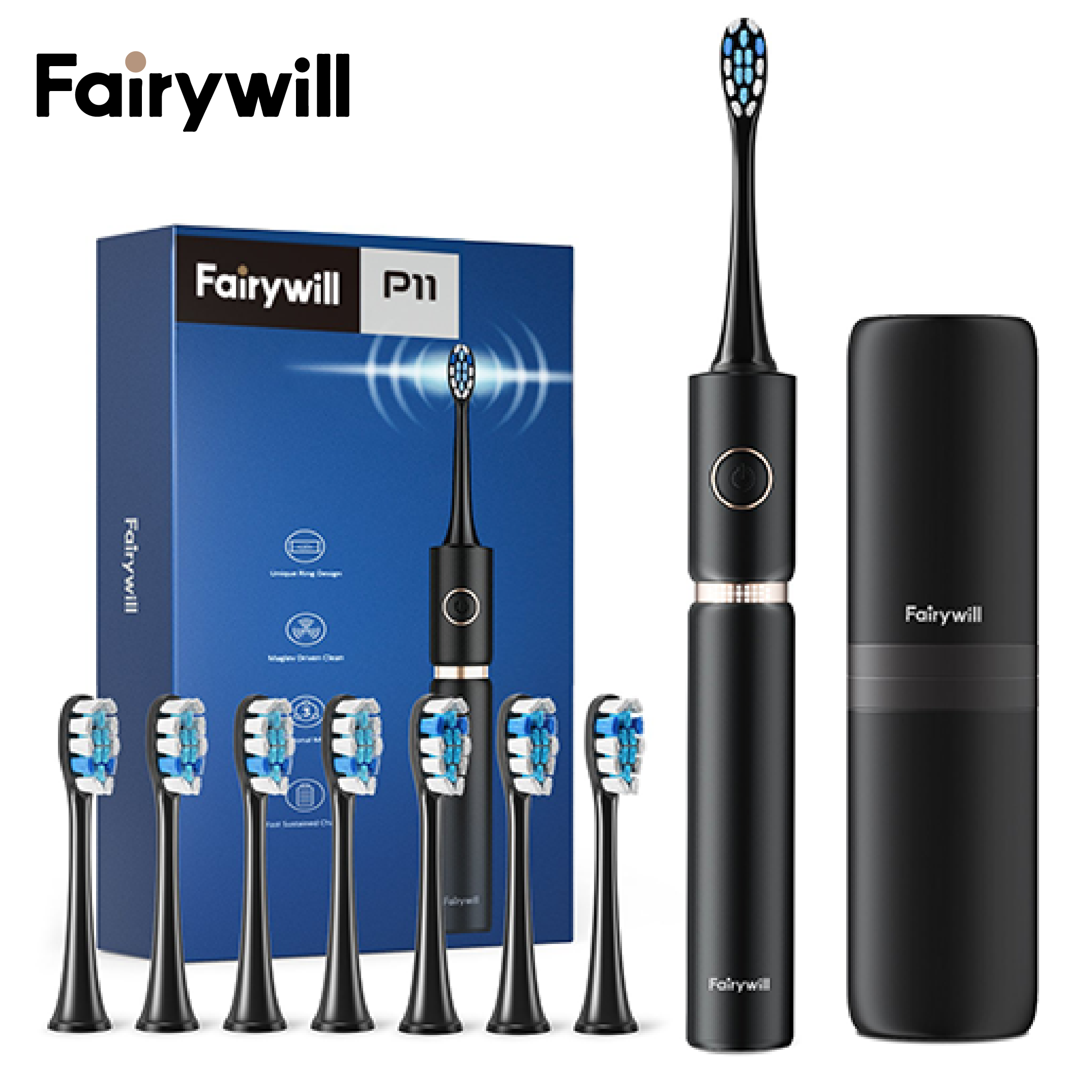 Bàn chải đánh răng điện Fairywill P11- phiên bản nâng cấp với trục truyền lực bằng thép, 8 đầu bàn chải đi kèm