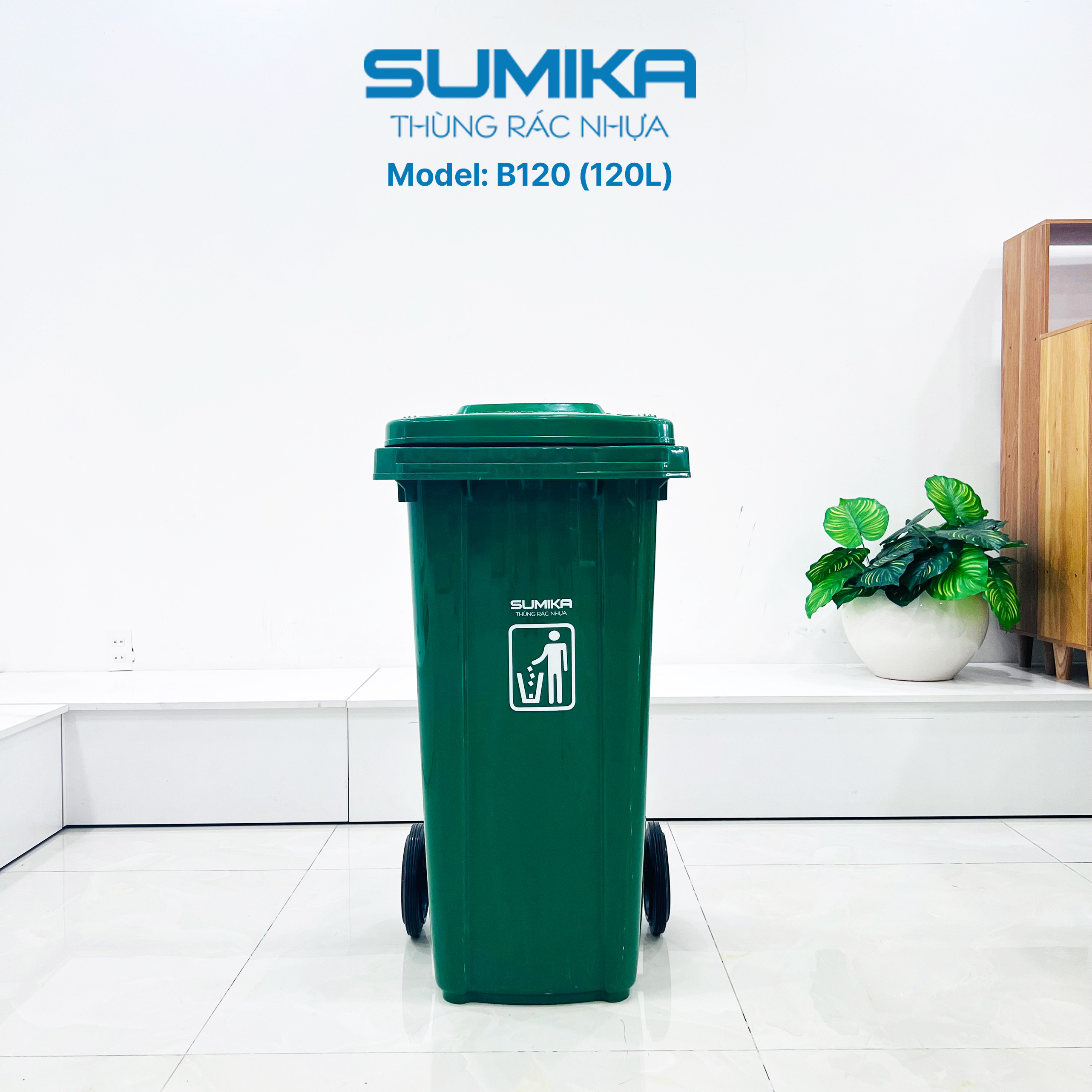 Thùng rác nhựa công cộng SUMIKA B120, dung tích 120L, có bánh xe