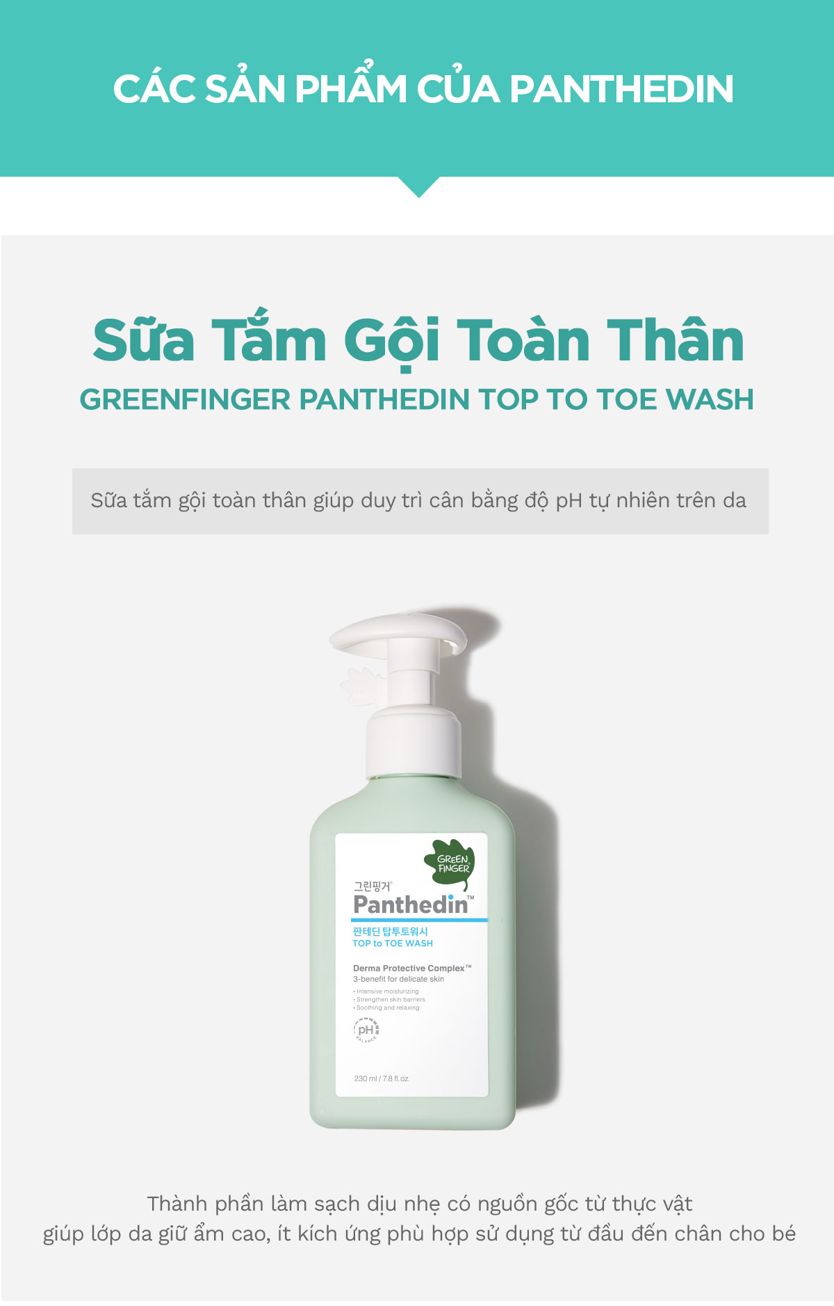 Sữa Tắm Gội Toàn Thân Bảo Vệ Da Cho Bé Greenfinger Panthedin Top to Toe Wash 230ml