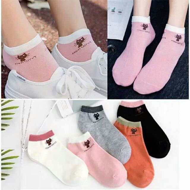 BỘ 10 ĐÔI TẤT / VỚ NỮ HÌNH MÈO MIU MIU CỔ NGẮN COTTON CAO CẤP