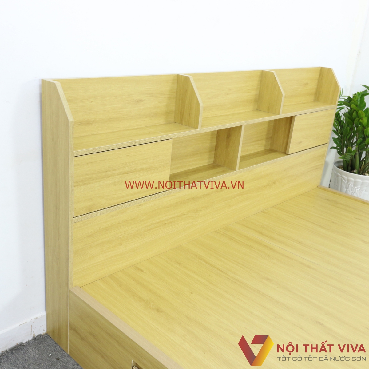 Giường Ngủ Gỗ MDF Màu Vàng Có Hộc Kéo + Kệ Trang Trí Đẹp Hiện Đại