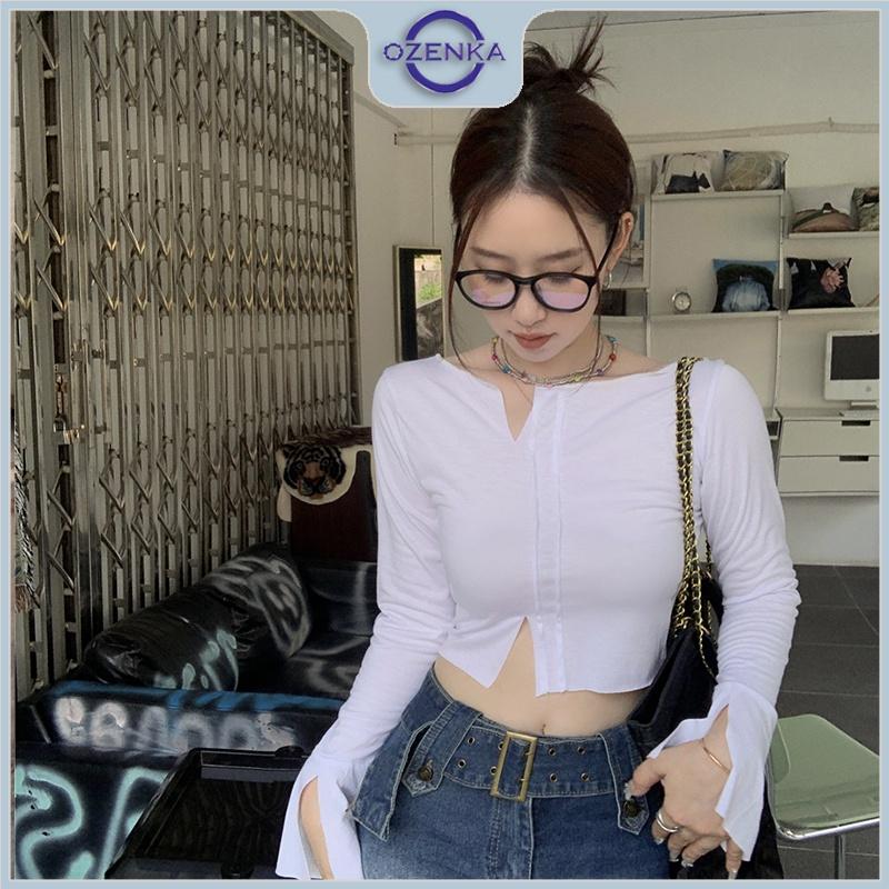 Áo croptop tay dài nữ sẻ gấu kiểu cổ rộng ozenka , áo crt thu đông thun cotton 100% màu đen trắng size dưới 55 kg