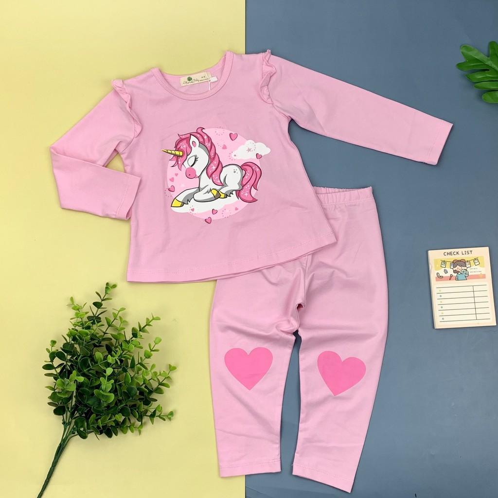 Bộ cotton thu đông dài tay viền vai in hình ngựa kỳ lân bé gái size 1-10T, cho bạn từ 10-30kg. Chất cotton đẹp