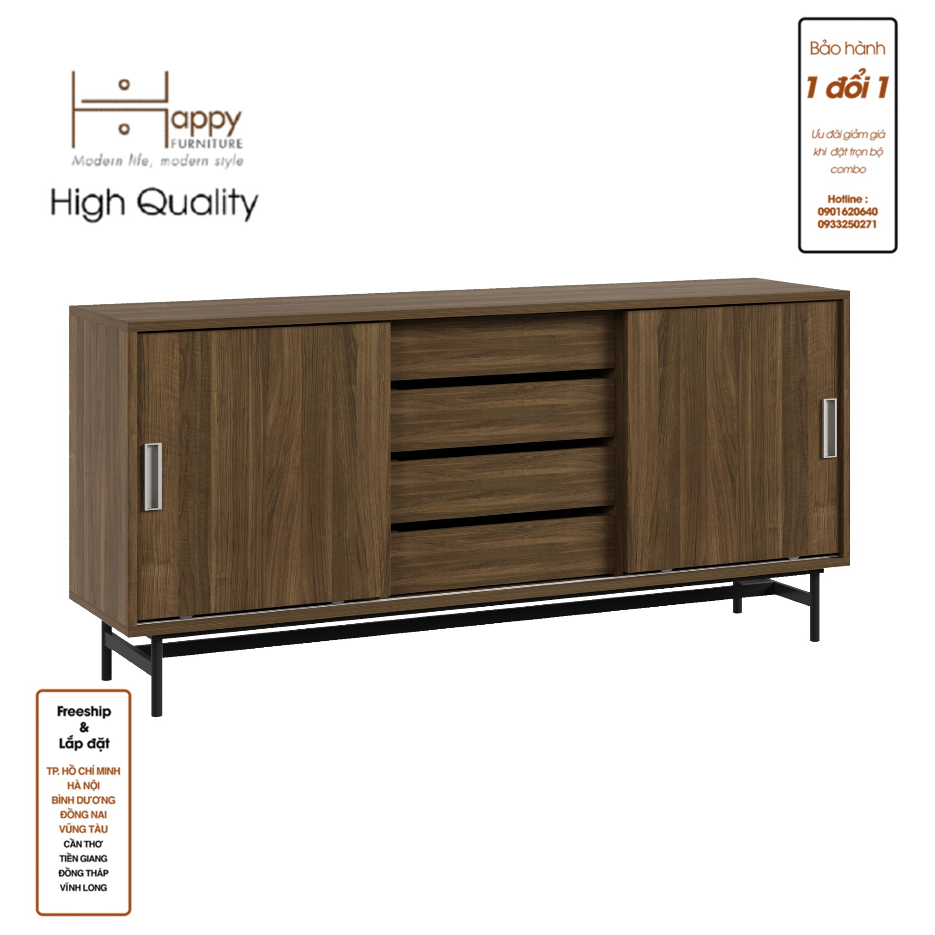 [Happy Home Furniture] LUCA, Tủ lưu trữ 4 ngăn cánh lùa - Chân sắt, 150cm x 36cm x 70cm ( DxRxC), TCL_022