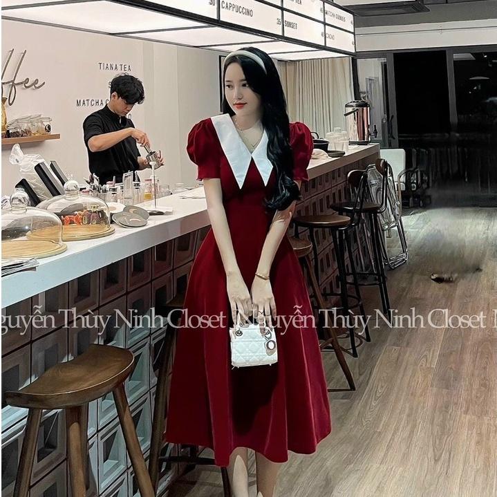 FREESHIP Đầm xòe tay ngắn cổ thủy thủ cách điệu màu đỏ đen kiểu đầm dự tiệc, đi chơi chất liệu nhung cứng KIMGIA DS